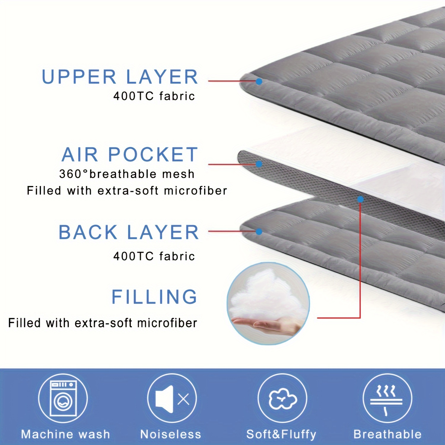 1pc extra thick mattress topper air flow quilted fitted mattress pad for back   super breathable mattress pad cover with strong elastic bands   to 21 inch   pillow top mattress topper overfilled with premium hollowfiber filling details 3