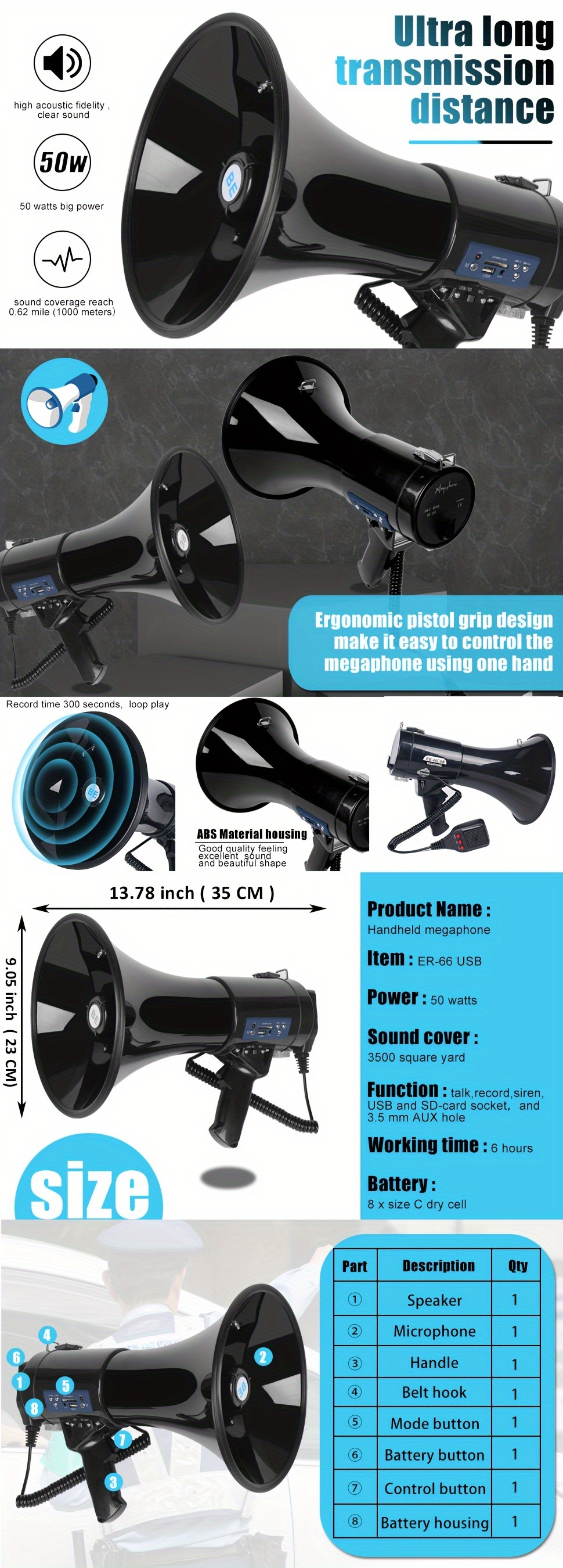 50w er 66 megaphone with detachable microphone built in siren recording function led lights   memory for outdoor events and emergencies details 0