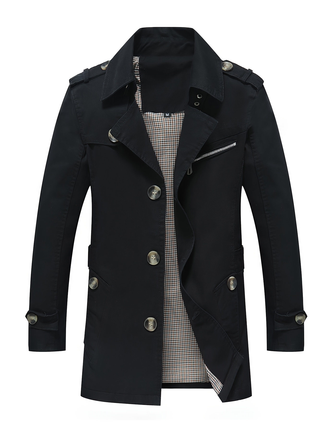 Men's Windbreaker, Men's Mid-Length Trench Coat with Turn- Collar, Casual Sport Windbreaker Jacket, Fashionable Minimalist Style, Multi-Button Design, Suitable for Outdoor Outings and Street Shopping