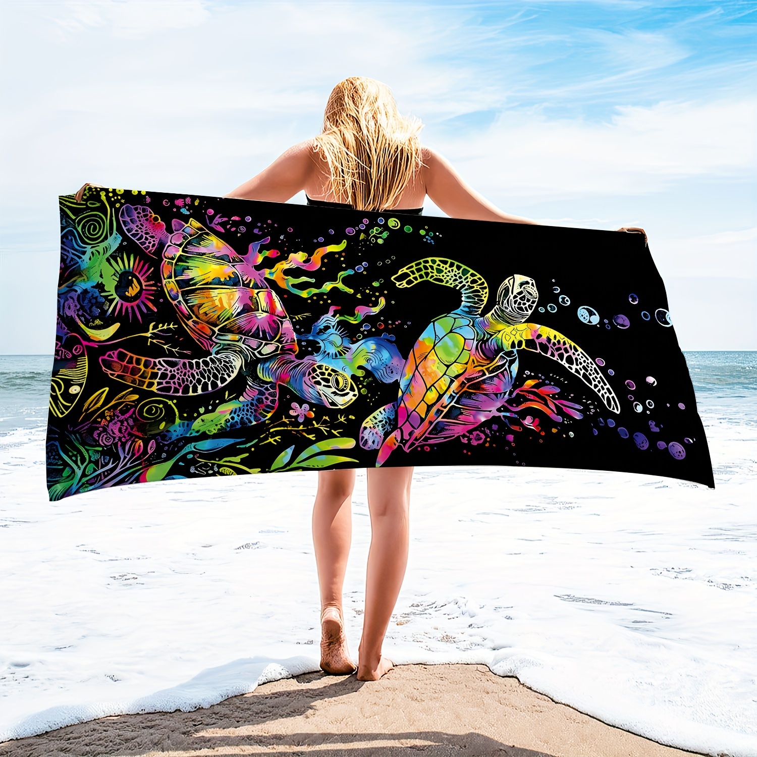 

1pc Hippie Cool Graffiti Microfiber Extra Large Beach Towel, Turtle Seaweed Durable And Quick-drying Sunscreen Washable And Absorbent Bath Towel