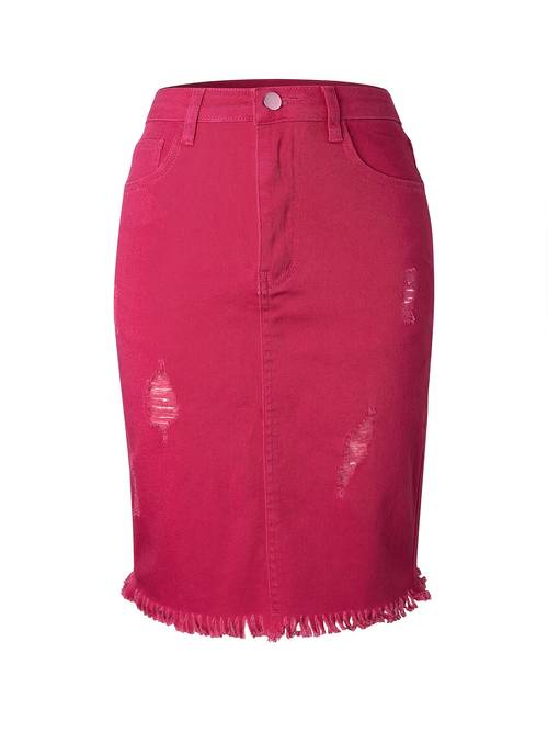 1pc 2026ss sweet dragon fruit red ripped frayed denim midi skirt for women summer new high waisted straight bodycon skirt daily dating shopping music festival trendy women skirt
