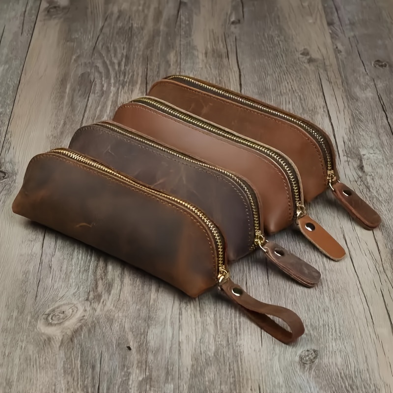 TEMU Handcrafted Genuine Leather Pencil Case, Versatile Stationery Organizer, Essential For Office Desk, Students And Adults - Durable And Unique Texture With Natural Imperfections