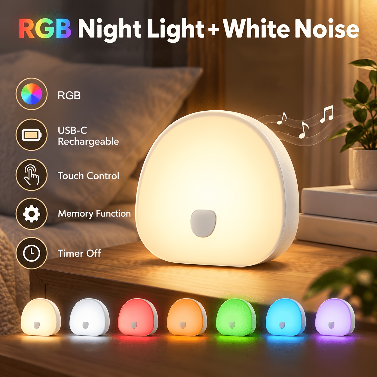 TEMU Veilleuse Multifonction Rechargeable à , Lampe de Chevet LED, Lampe de Table Intelligente, par Bouton, 7 Couleurs + Blanc Chaud et Froid, avec