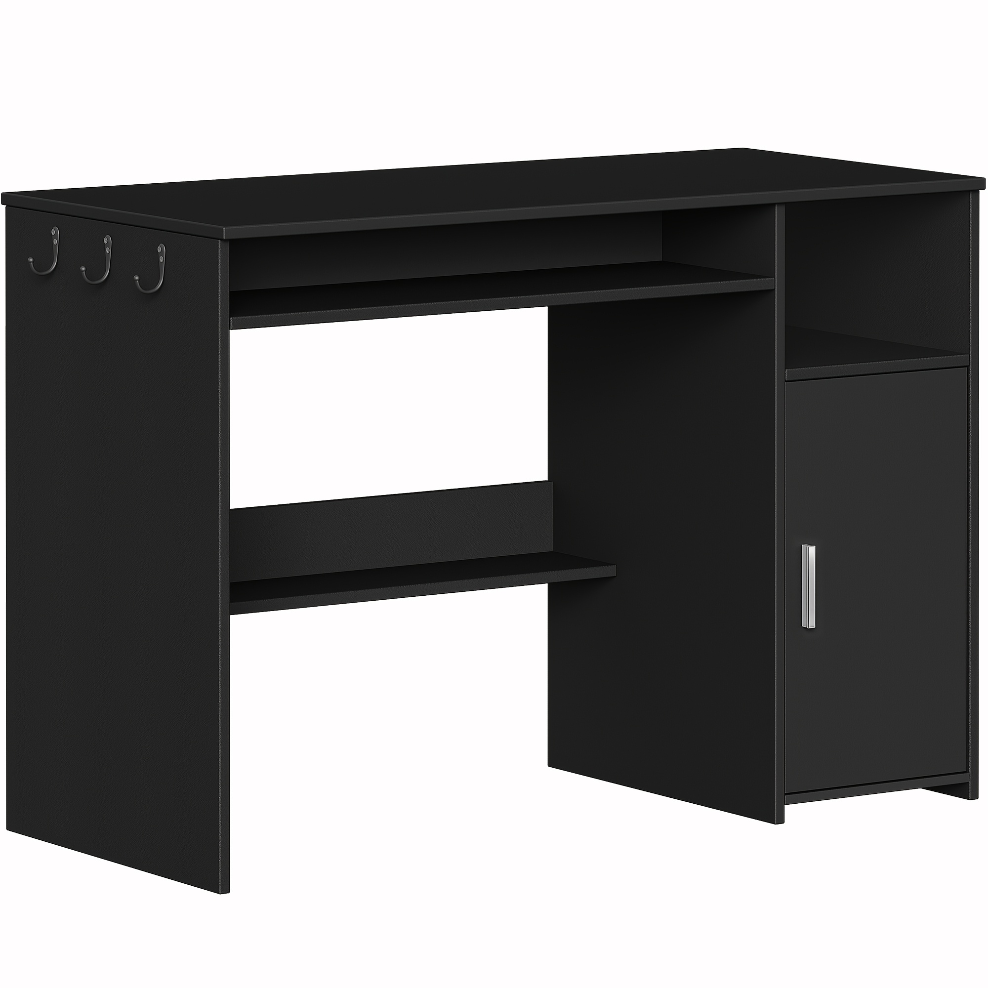 This Desk Features -panel Open Shelf, Cabinet With Doors, Hooks, And Cable Management Holes. It Can A Study/bedroom/ And Has A Matte Black End