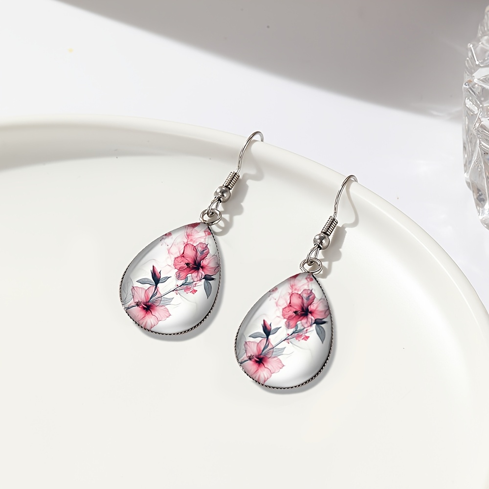 Women's Pink Flower Ink Painting Tear Drop Dangle Earrings