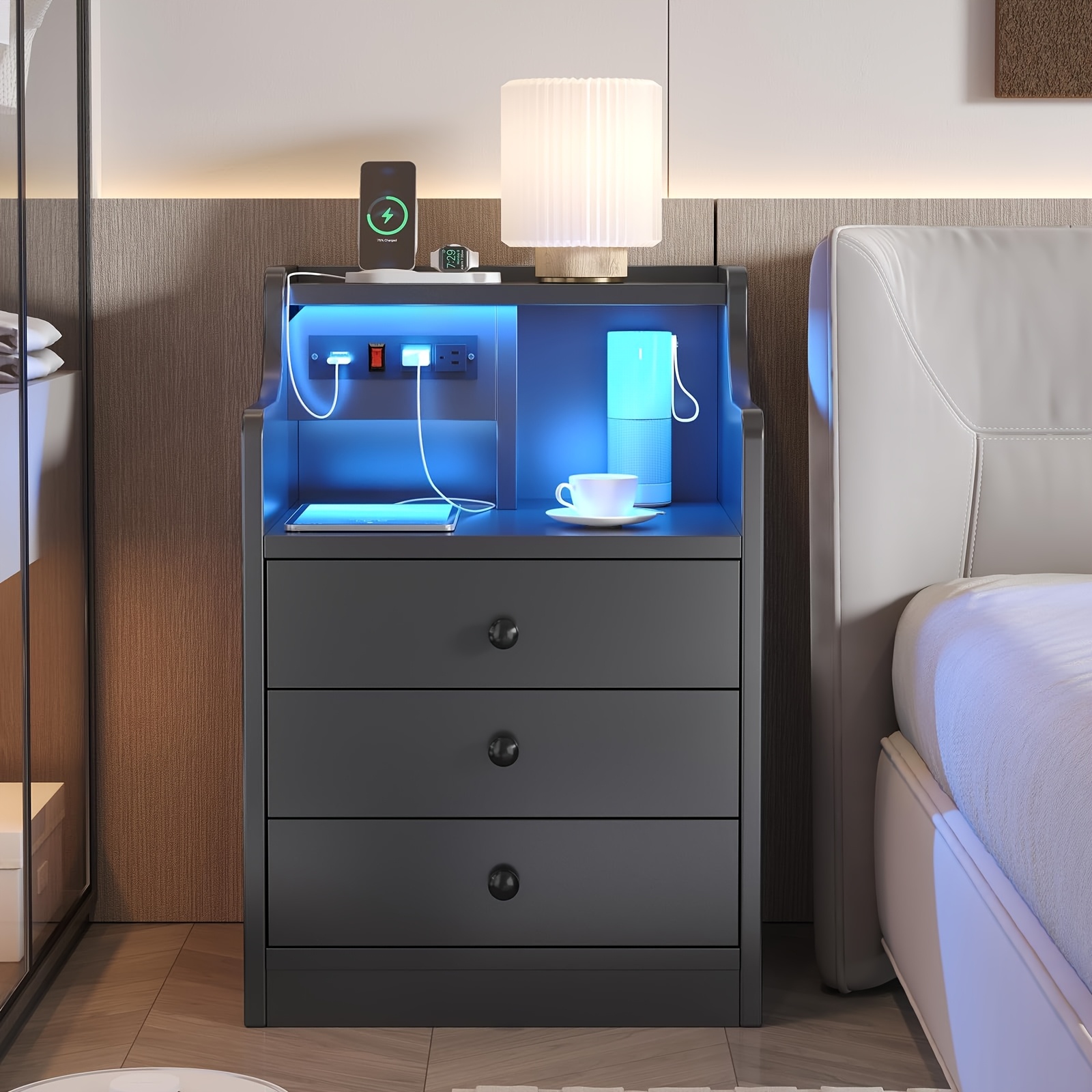   nightstand with charging station night stand with led lights modern led end table nightstand for bedroom bedside table with 3 drawers bed side table with storage for living room  