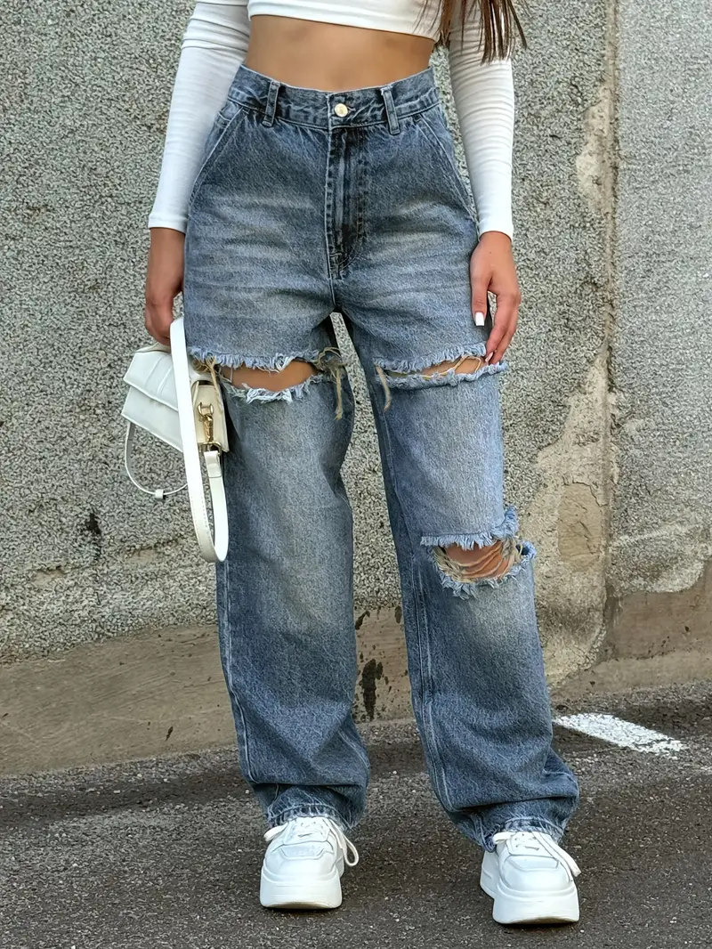 25AW Jeans y Rasgados Costura Americana de Streetwear Pierna Denim Sin Elastizar de Dobladill