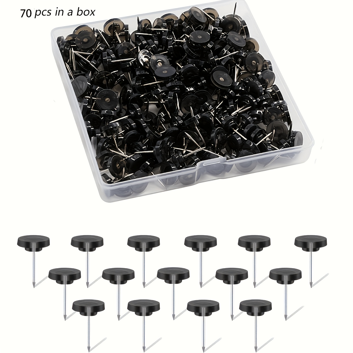 TEMU 70pcs Transparent Plastic Push Pins, Boxed With Sturdy Steel Pins - Sharp Thumbtacks, Suitable For Bulletin Boards, Cork Boards, Maps, Photos,