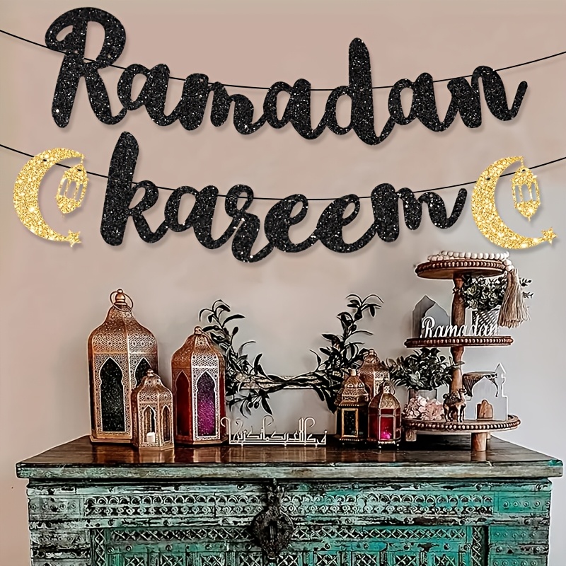 Image of Ramadan Kareem Party Banner With Star, Moon, And Glitter Paper, Black Lettering, Streamer Flag For Party And Festival Scene Decoration