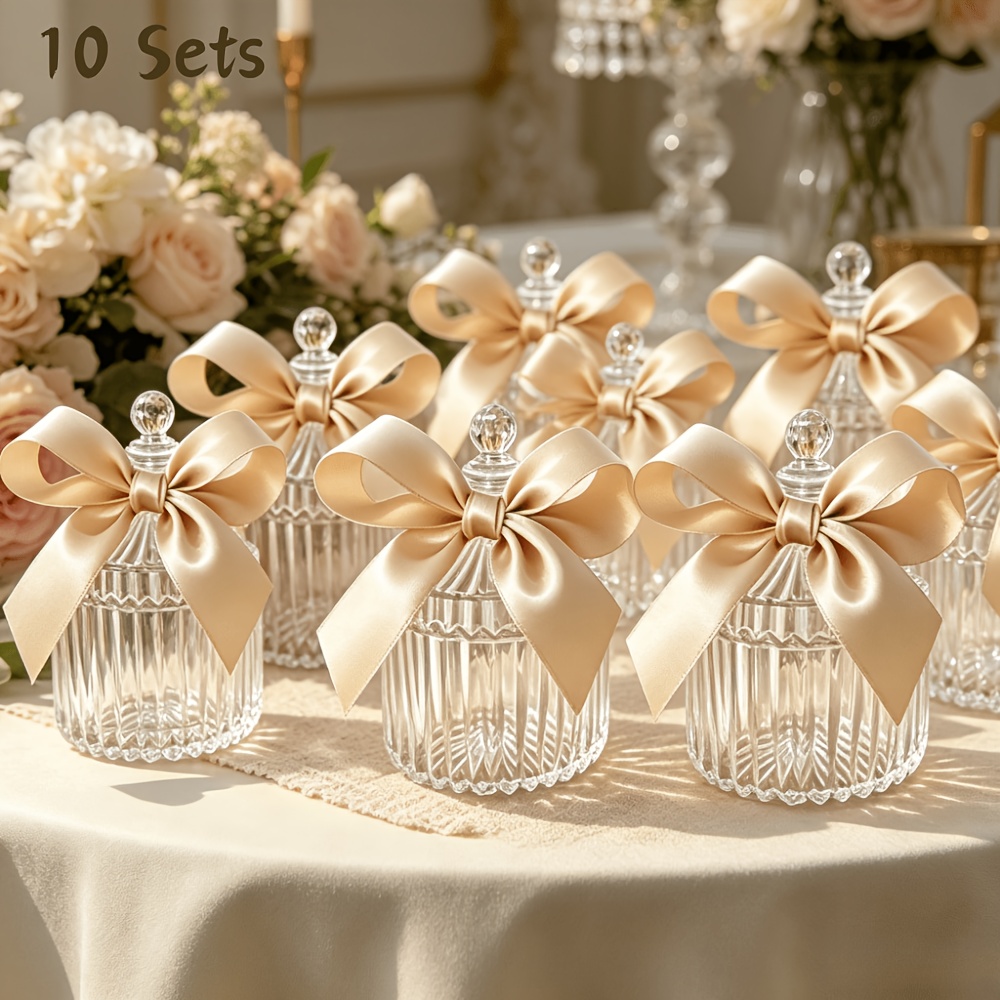 TEMU 10 Sets Clear Acrylic Mini Favor Jars With Golden Satin Ribbon Bow Vertical Design Perfect For Wedding Party Favors Bridesmaid Gifts Jewelry