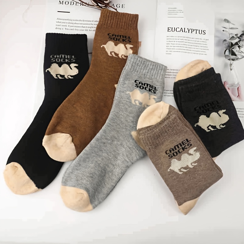 

5pcs Men's Camel Graphic Towel Socks, Cotton , Knit Fabric, Warm Plush Lined, With 60% Cotton, 30% Polyester, 10% Spandex, For Autumn And Winter,