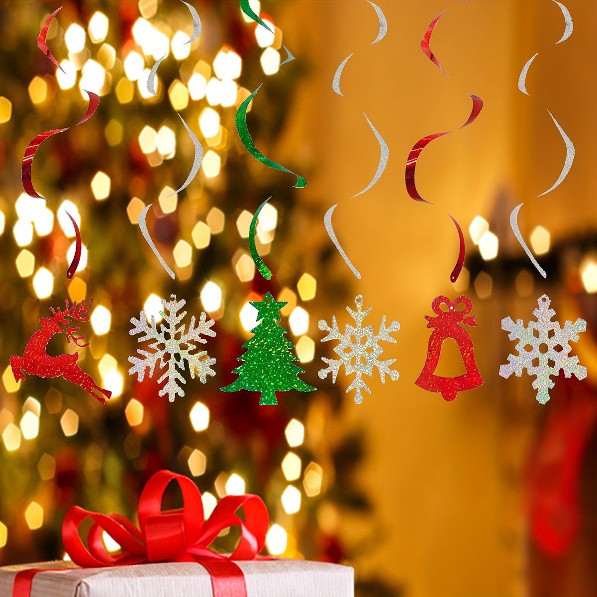 12pcs Of Christmas Party Decoration Items Including Laser Spiral Snowflakes, Christmas Tree, Reindeer, And Bell Ornaments For Window Displays