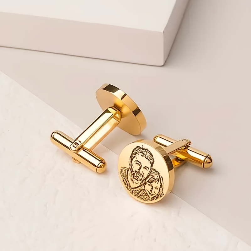 TEMU Custom Photo Engraved Stainless Steel Cufflinks - Personalized Portrait, Geometric Patterns And Letter Details, Elegant Men's Jewelry Gift For