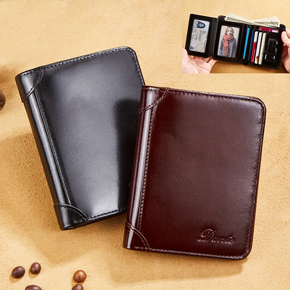 

1pc Men's Genuine Leather Trifold Wallet, With Id Window Top Layer Cowhide Rfid Blocking Vintage Wallet, Multi Functional Credit Card Holder