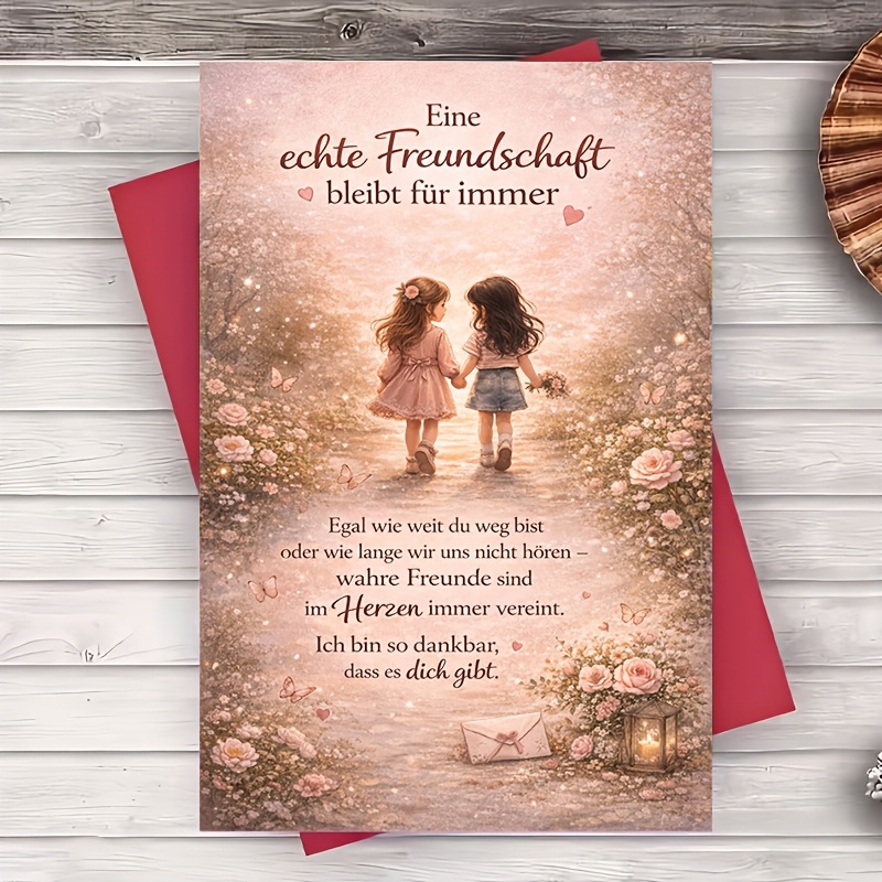 TEMU 1 Greeting Card + 1 Envelope Forever Friendship Flat Greeting Card Floral Pastel Design For Best Friend Birthday Thank You Women Teens Sisters