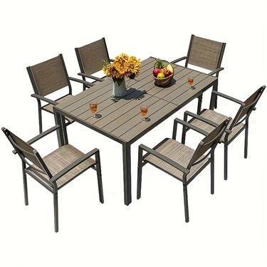 7pcs Patio Conversation Set, Patio Dining Set Outdoor Furniture Set 6 Stackable Textilene Armchairs with Rectangular Table