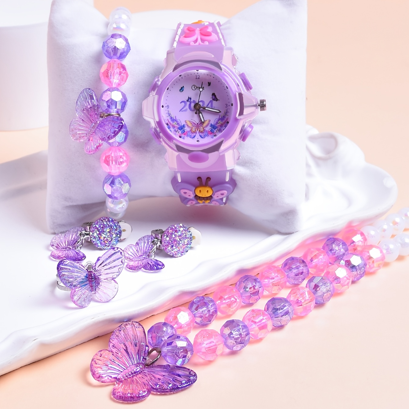 Image of European And 6pcs/set Silicone Strap Cartoon 's Watch, In Flowers Glowing Quartz Wristwatch, Luxury Acrylic Bracelet Necklace Earrings Ring Jewelry Set