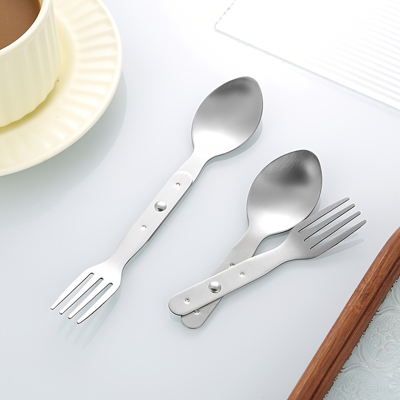 2pcs set 2 in 1 multifunctional stainless steel cutlery with folding spoon and fork   for hiking camping or backpacking trips Product details 0