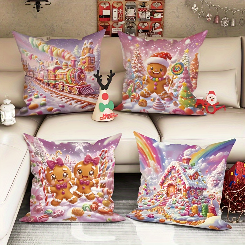 

4pcs Christmas , , & , 18x18 , Zippered, Polyester For Sofa And Decor - Inserts Not Included