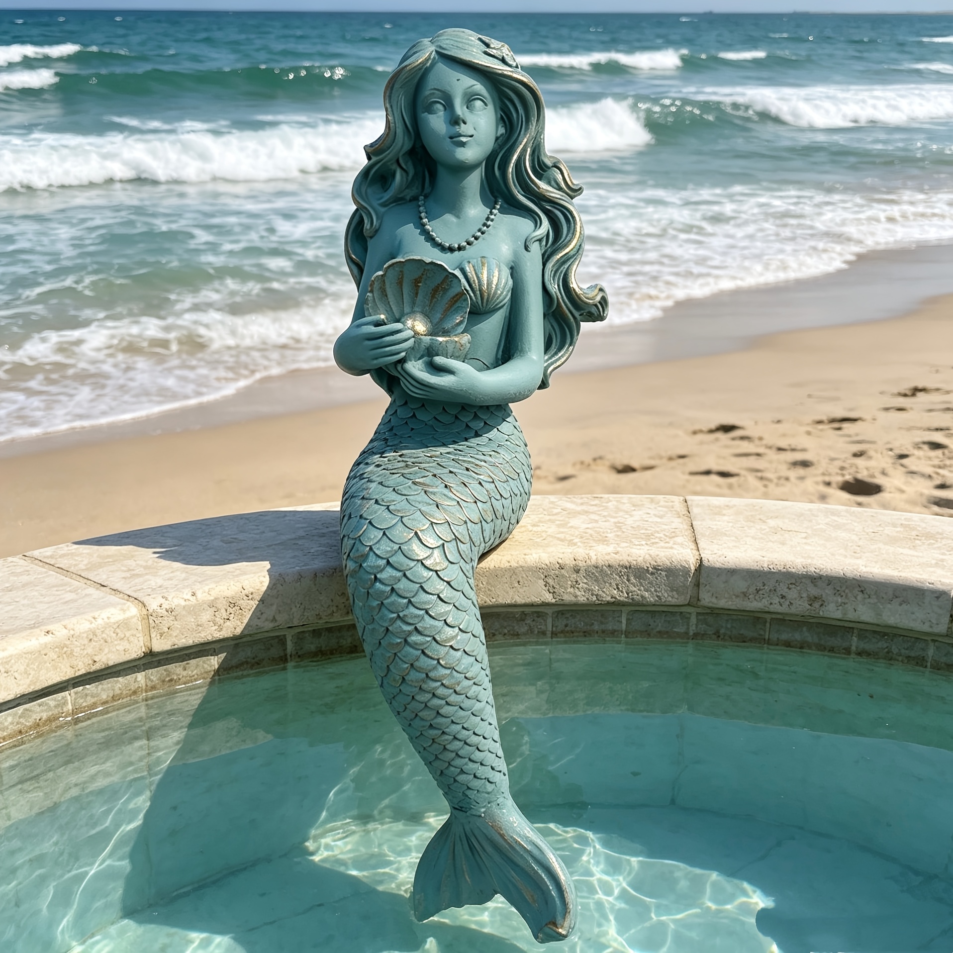 Image of A Beautifully Designed Mermaid Statue Ocean-, Suitable For Outdoor Decoration In Gardens, Courtyards, And Water Features. It Makes An Gift For - A Modern Ocean-themed Mermaid Ornament