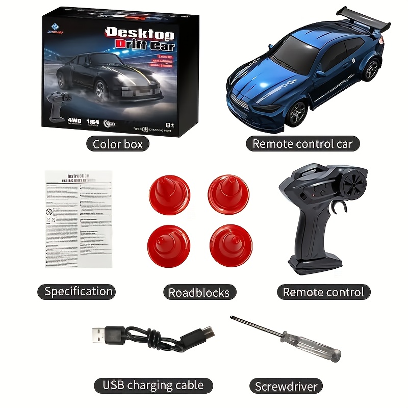 RC Drift Car, 1:64 Scale 4WD, with USB Rechargeable Battery, 2.4GHz Radio Control, Durable Plastic Body & Sleek Design for Indoor/ Outdoor Drifting Fun, Perfect Gift for Boys, Girls