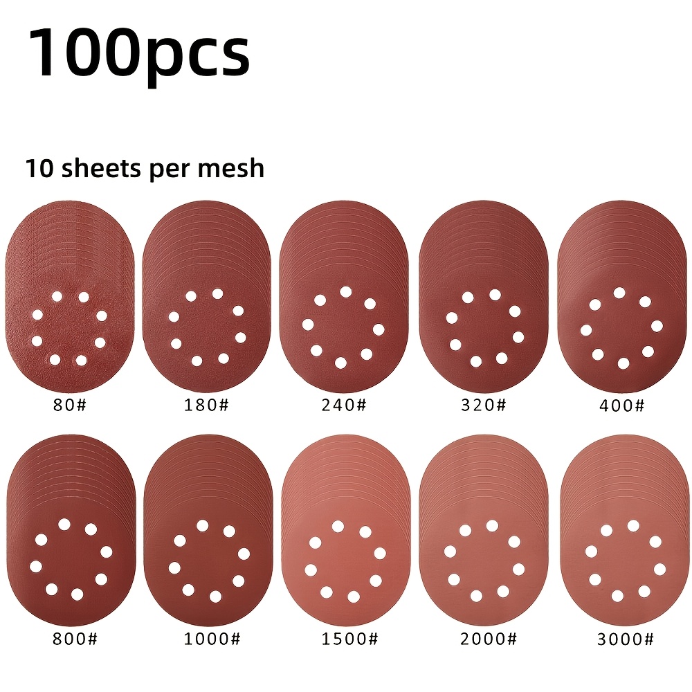 TEMU 100pcs 5-inch Sandpaper 8-hole 80grit-3000grit Mixed Sandpaper Circular Self-adhesive 125mm Sanding Pads Polishing Tools