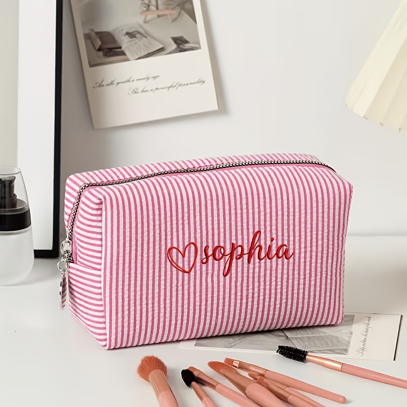TEMU Custom Embroidered Cosmetic And Toiletry Bag With Heart And Name, A Lightweight And Zippered Travel Makeup Pouch And Toiletry Case, Ideal For