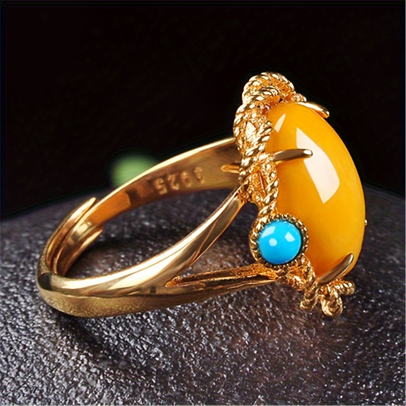 1pc vintage     ring 18k golden plated 925 silver synthetic amber and turquoise adjustable opening handcrafted personalized fashion for daily and banquet occasions mardi gras day accessory details 1