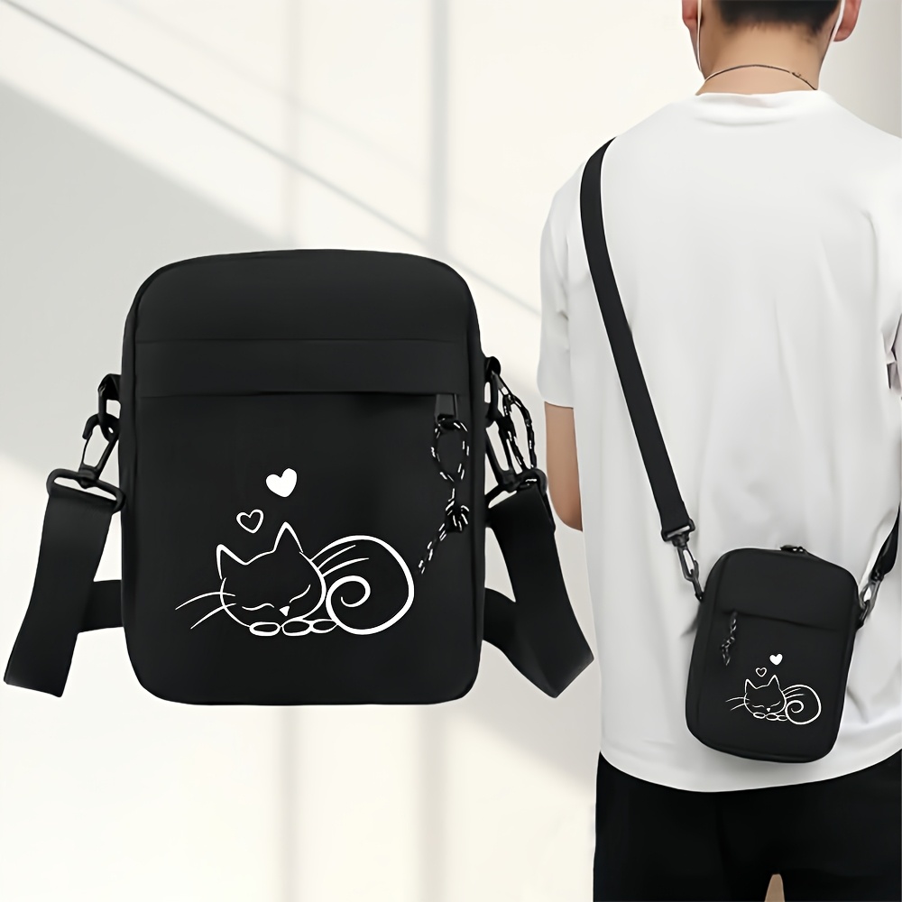 TEMU 1pc Black Crossbody Bag With Kitten Print - Large Capacity Phone Holder & Paw Print, Adjustable Strap Suitable For Daily ,, - Stylish Gift For