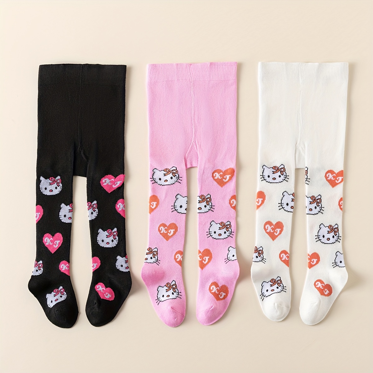 E-shop 3 Paar Hello Kitty Kinderstrumpfhosen mit Herz-Muster, Süßer Stil, Weich Hautfreundlich, Ideal für den von Mädchen – Süße Niedliche Hello Kitty