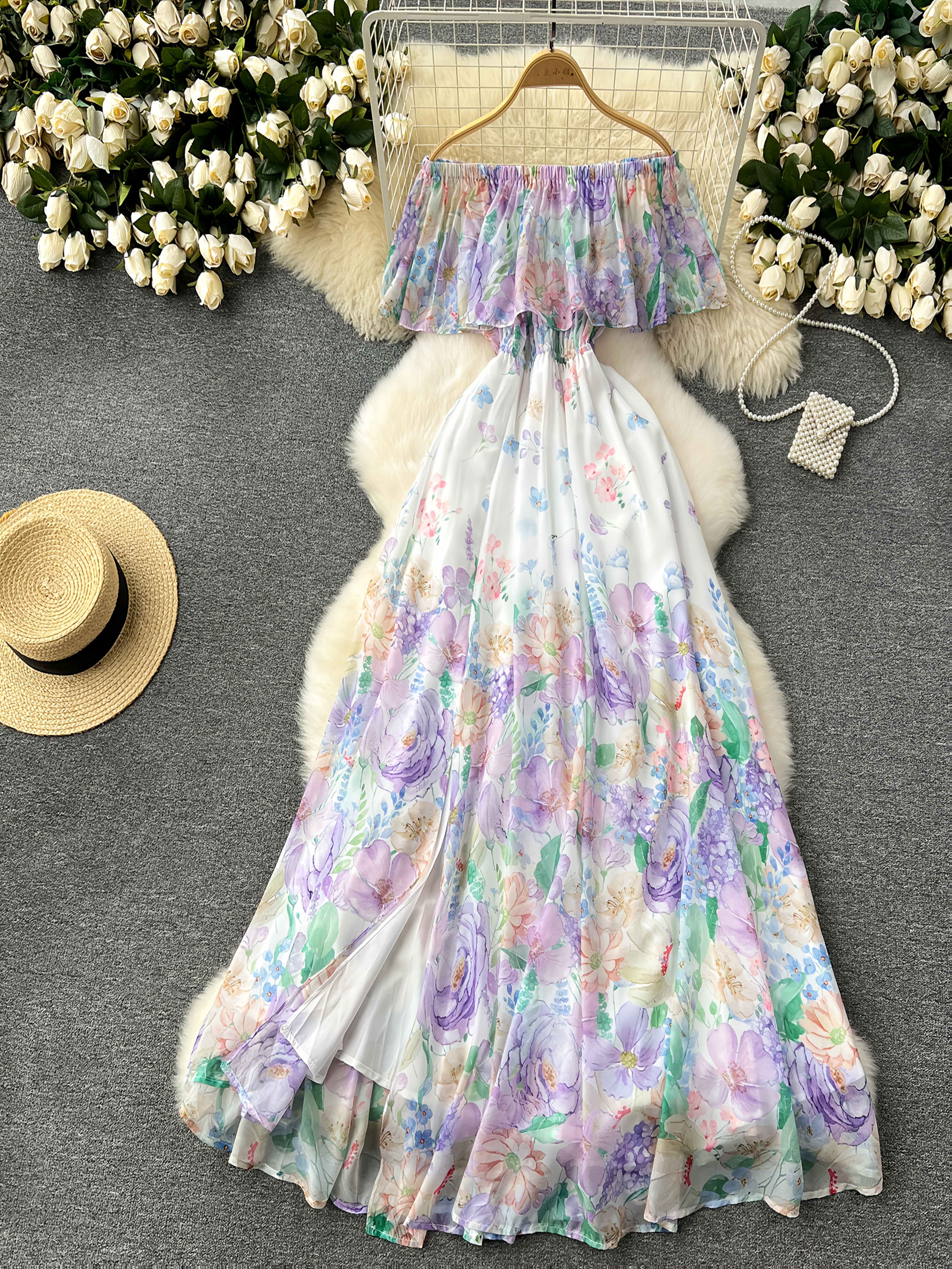 Robe Femme Asymétrique Imprimé Fleuri - Manches Longues Tulle, Style Bohème Pour Plage, Fête, été - 8