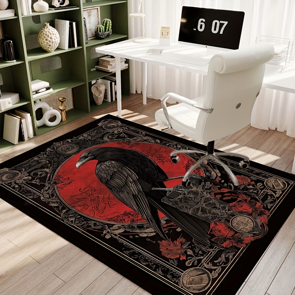 TEMU Luxurious 800g/m² Crow Area Rug - Non-slip, Gothic- With Black & Red Flowers, Perfect For Living Room, Bedroom, Or Office Decor, Bedroom Accent