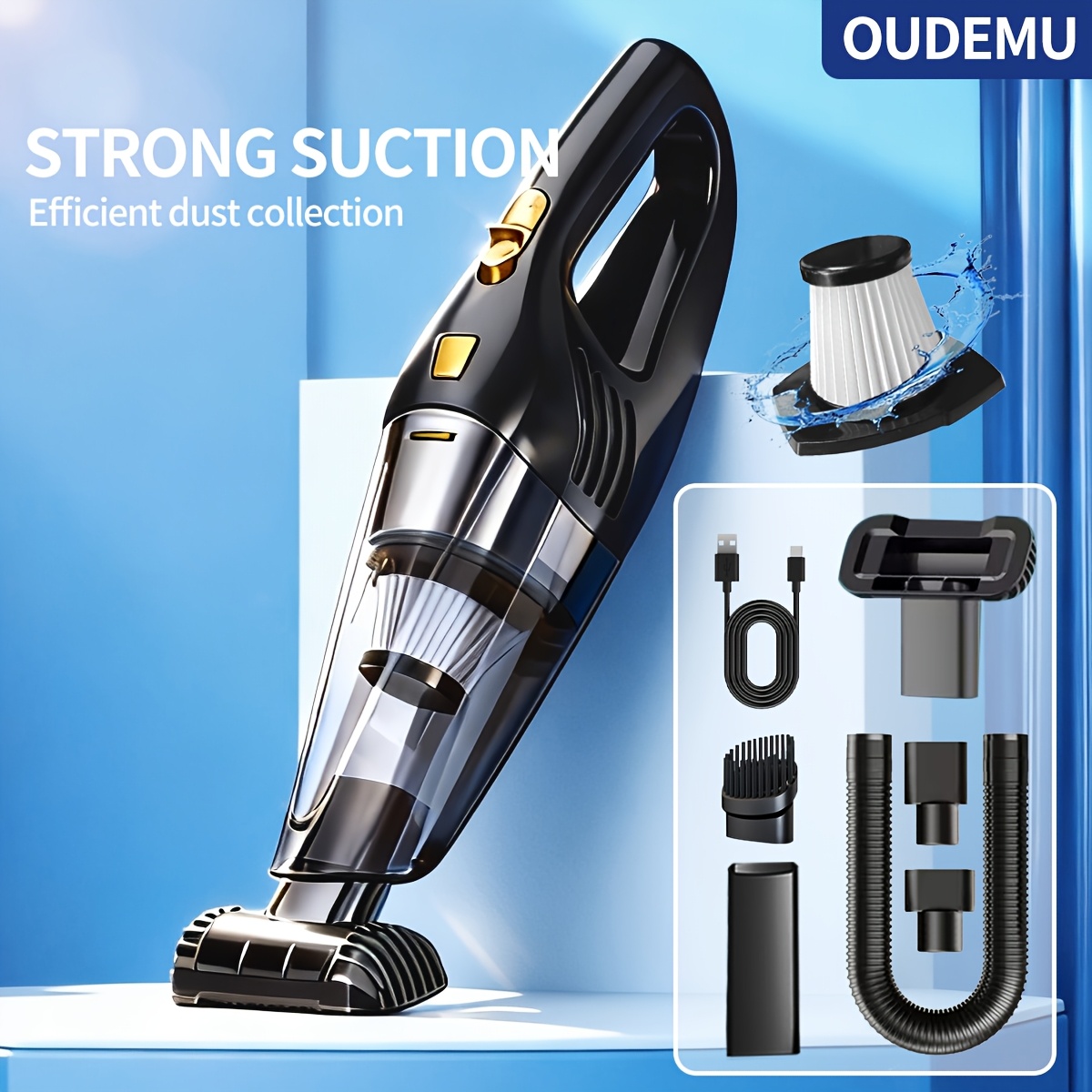 TEMU Aspirateur de voiture fil avec forte aspiration, aspirateur à main portable, rechargeable par USB, mini aspirateur compact et léger, fil,