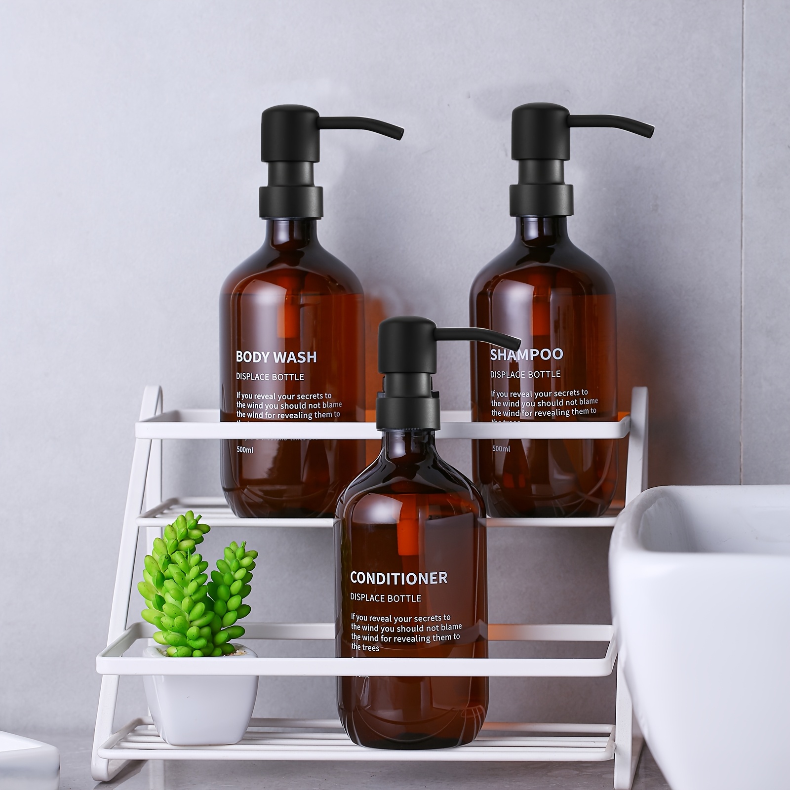 Image of 3pcs Amber Shampoo And Conditioner Dispenser Modern Refillable 500ml Shampoo And Conditioner Bottles With Pump Stylish Shower Soap Dispenser With Labels For Bathroom