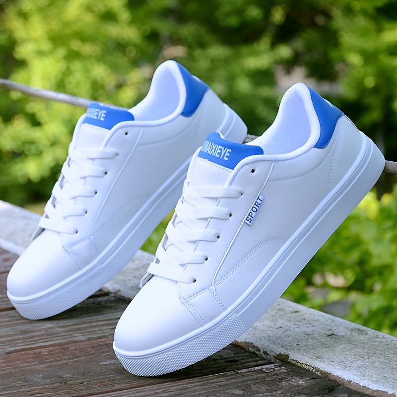 Men S Lightweight Skate Shoes - Low-Top Lace-Up Sneakers in White/Black/Blue  , Synthetic Upper & Cushioned PVC Sole for     -   Gym, Hiking, Streetwear Shoes - Big & Wide Sizes   - Casual Sneakers for Men, Gym Footwear,  , Fabric Lined Interior, Hiking Footwear, Sporty Design, Breathable Fabric,  