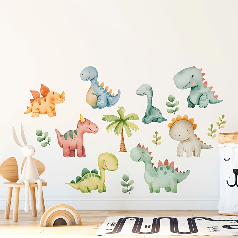 

1 Set Of Whimsical Watercolor Dinosaur Wall Stickers - Waterproof, Self-adhesive, Cartoon Dinosaurs With Palm Leaves, ' Room Decor, Gift Wrapping & Diy Crafts, Dinosaur Toys