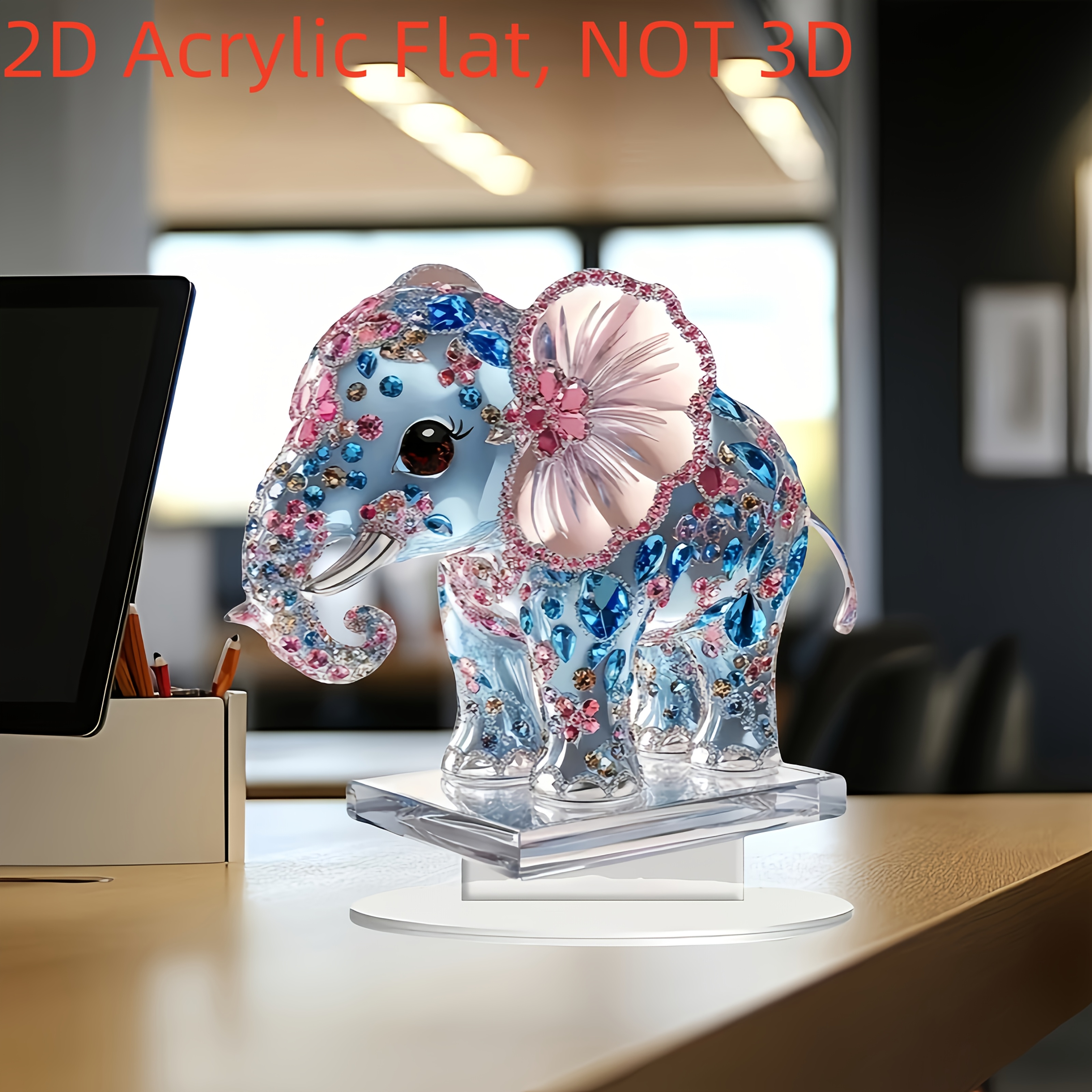 

2d Flat, 1pc Style Acrylic Elephant Figurine With - Multipurpose Home Decor For Living Room, Bedroom, Study - Artistic Floral Elephant Ornament, Ideal Gift For Any , Crystal, Desktop Statue