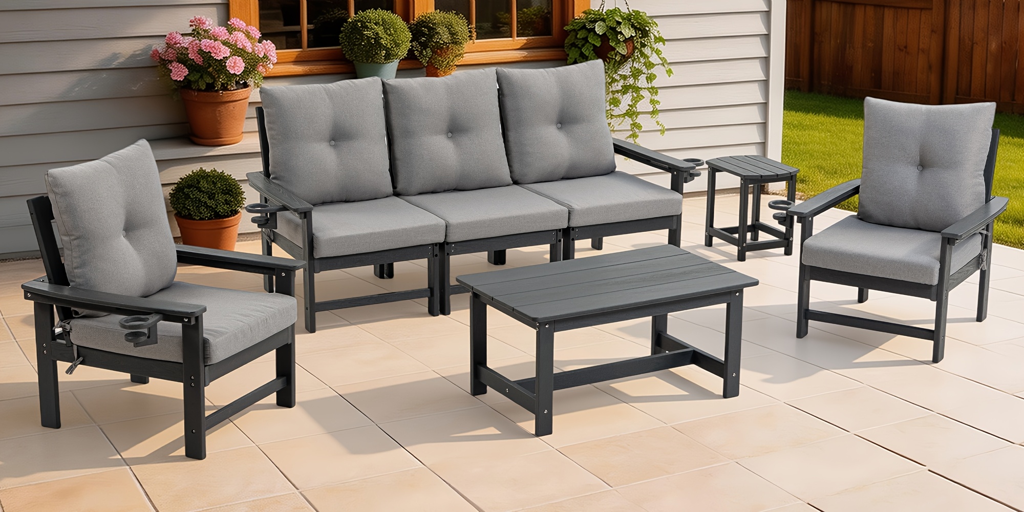 Outdoor Patio Furniture Set, 7pcs HDPE All Weather Free Combination Outdoor Furniture, Patio Conversation Sets W/ Sponge Cushions for Patio, Gaden, Yard Lawn Poolside