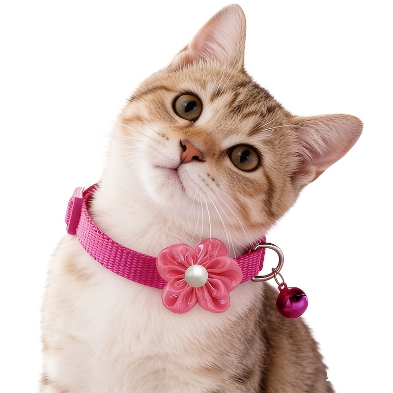 TEMU 1pc A Breakaway Cat Collar Featuring A Handmade Flower And Bell, An Adjustable Designed For Small Pets, Perfect For Female Cats, And An Adorable