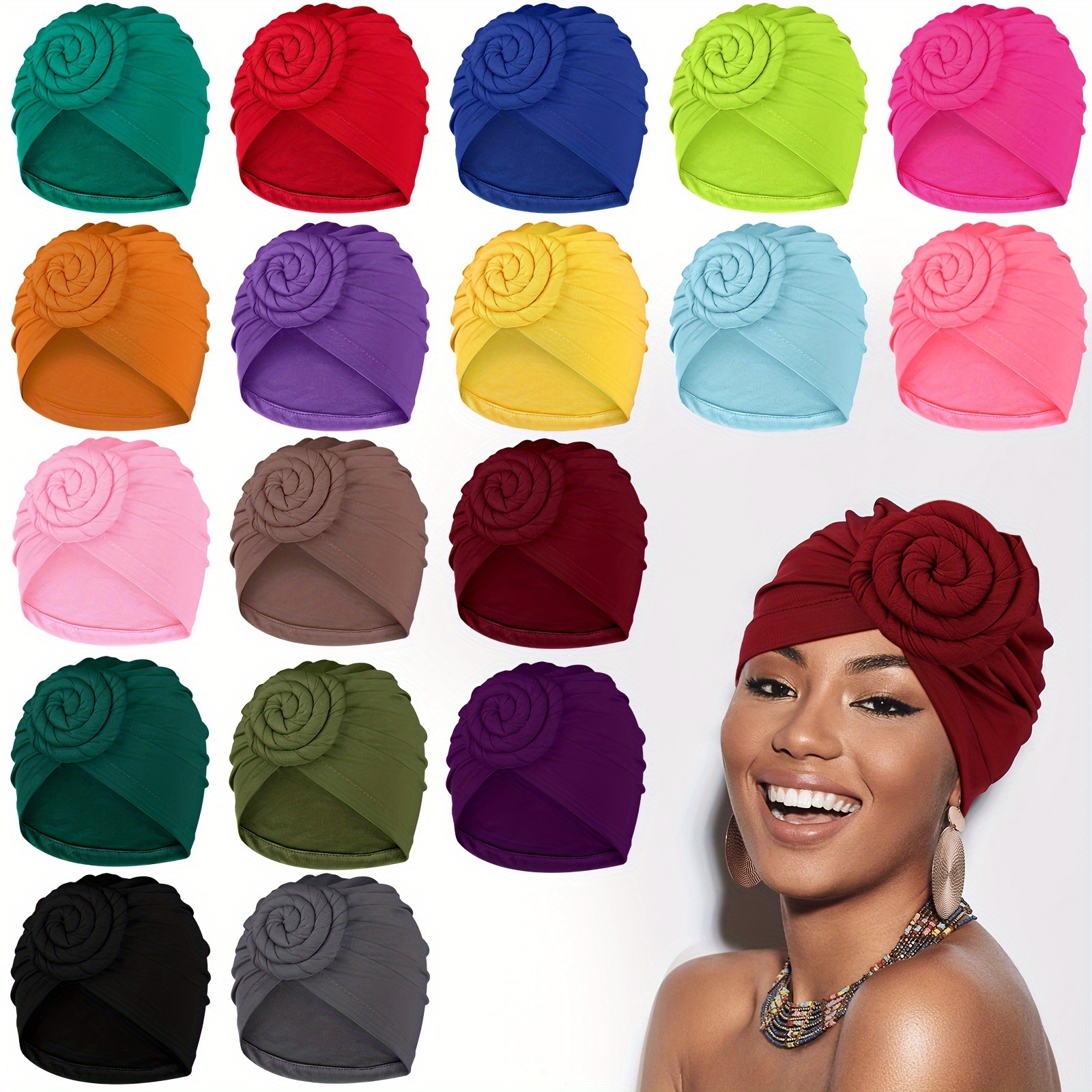 

18pcs Vintage Style Synthetic Fabric Turban Headbands For Women - Pre-tied African Bonnet Hairwrap With Flower , Non-feathered Beanie Caps