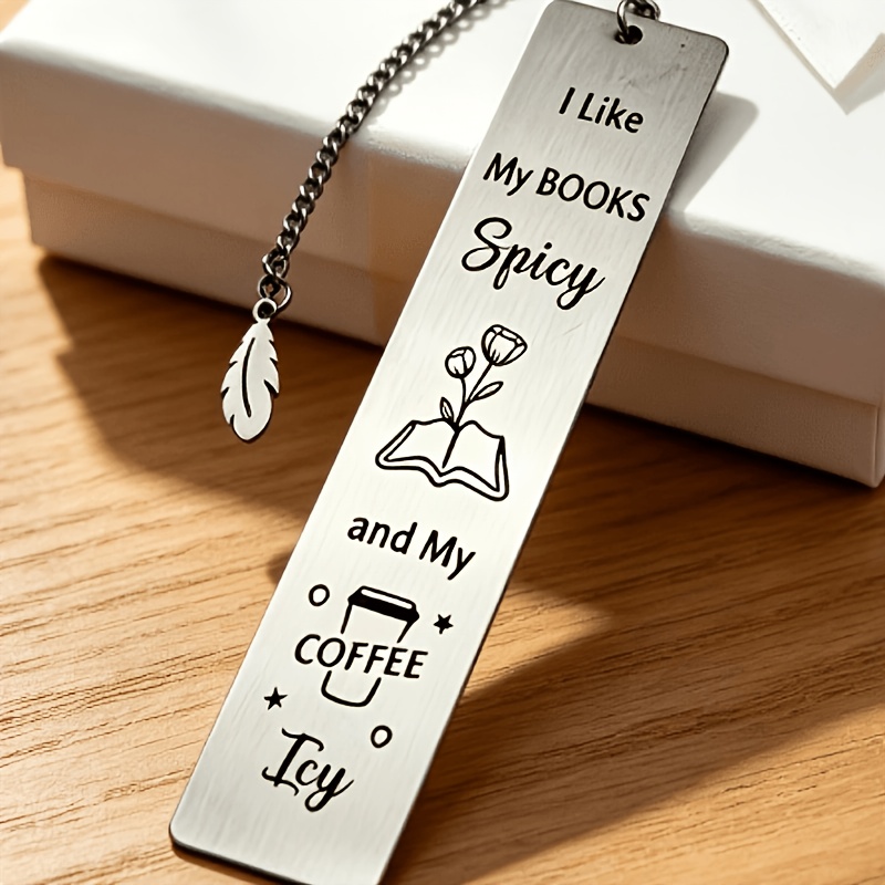 TEMU 1pc Stainless Steel Bookmark Minimalist Stainless Steel Long Strip Bookmark 'i Books Spicy And My Coffee Icy' Daily Reading Accessory