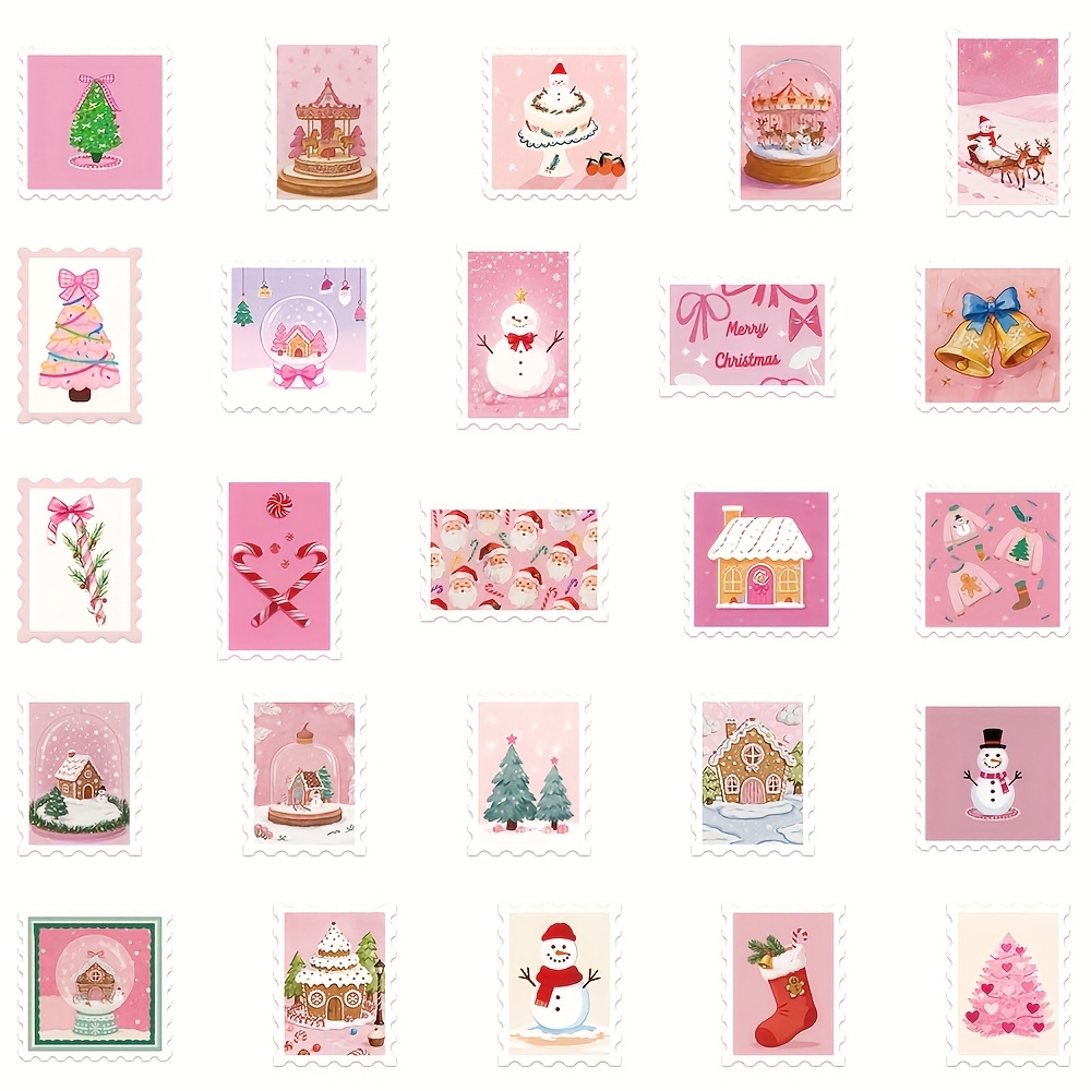 Image of 50pcs Pink Christmas Aesthetic Stickers Vintage Ins Graffiti Funny Doodle Deacl Pack Christmas Halloween Decoration Suitcase Luggage Party Gift