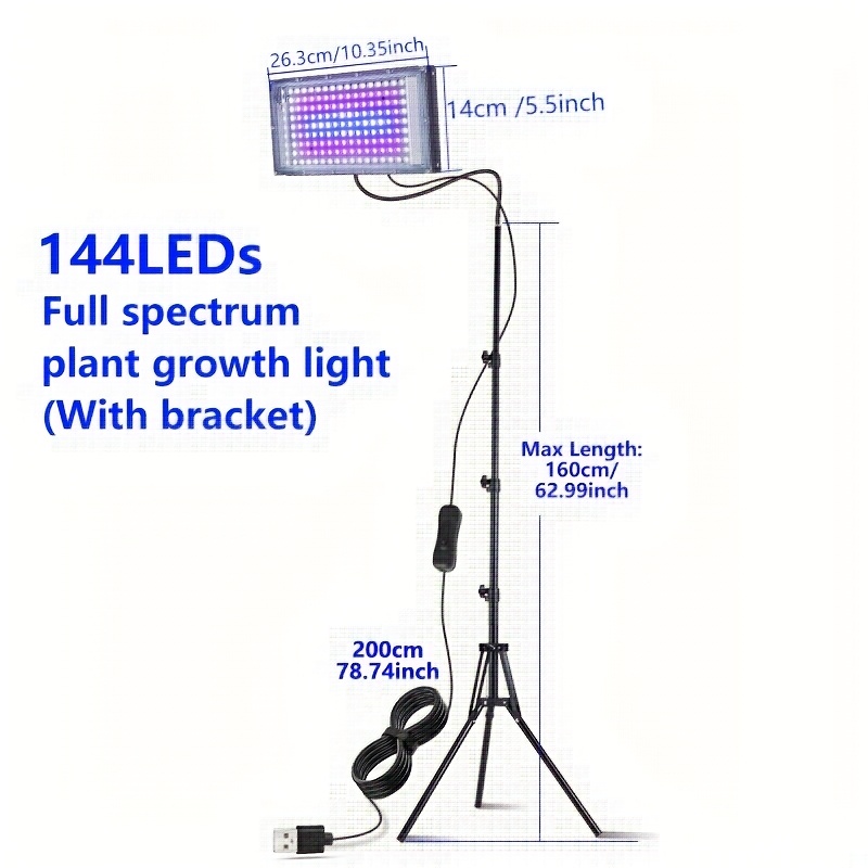 TEMU Lampes de croissance pour plantes d'intérieur avec 50/96/144 LED, un design à spectre complet et un trépied réglable allant de 15 à 60 pouces.