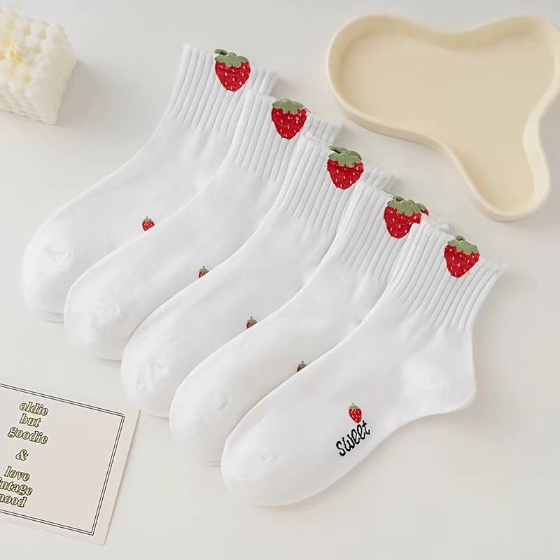 

5 Pairs Strawberry & Letter Socks, Cute & Sweet Mid Tube Socks, Women's Stockings & Hosiery