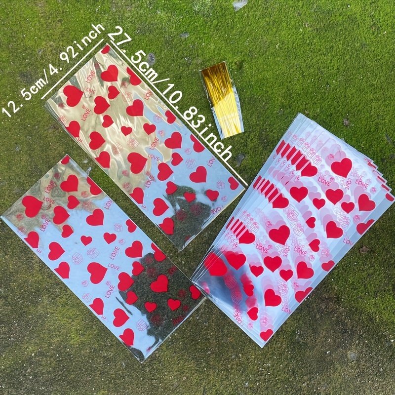 50pcs Red Heart Love Printed Gift Packaging Flat Bags, With Golden Twist Ties, Valentine's Day Heart-shaped Transparent Gift Decoration Opp Bags, Suitable For Lovers Couple Gift Theme Party Decor