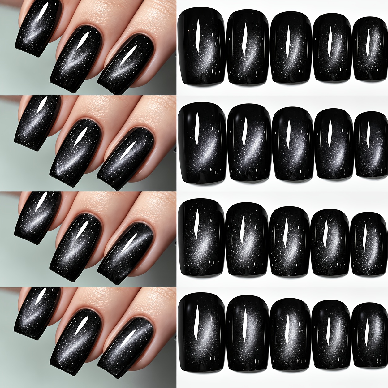 TEMU 120 stuks Zwarte Kattenoog Press-On Nagelset, Glanzende Magnetische Kattenoog Vierkante Nagels, Premium Glinsterende Zwarte Nagelkunst voor