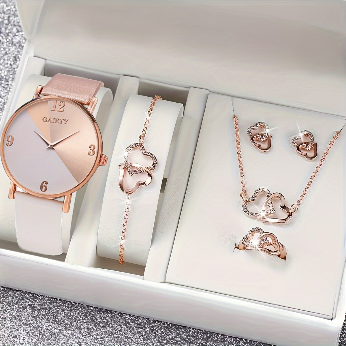 

6 Pcs Rose Golden Quartz Watches Pu Leather Strap Zinc Alloy Pointer And Butterfly Bracelet Necklace Ring Jewelry Perfect Gifts For Valentine's Day Easter Ramadan