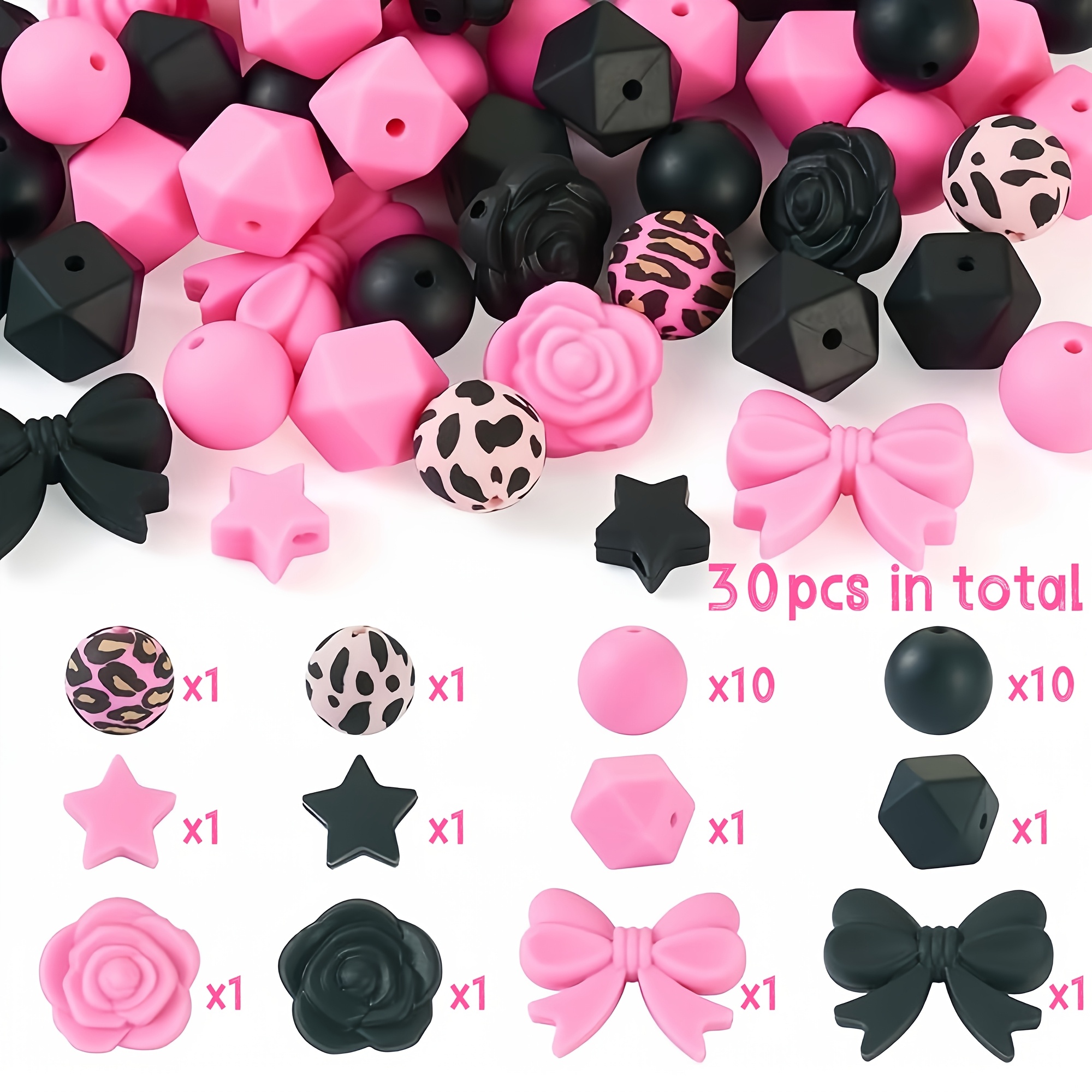 Image of 30pcs Hairk Pink And Black Silicone Bead Star Rose Bow Set 15mm Round Polygonal Focus Bead Handicraft Bead Pen Keychain Hanging Making
