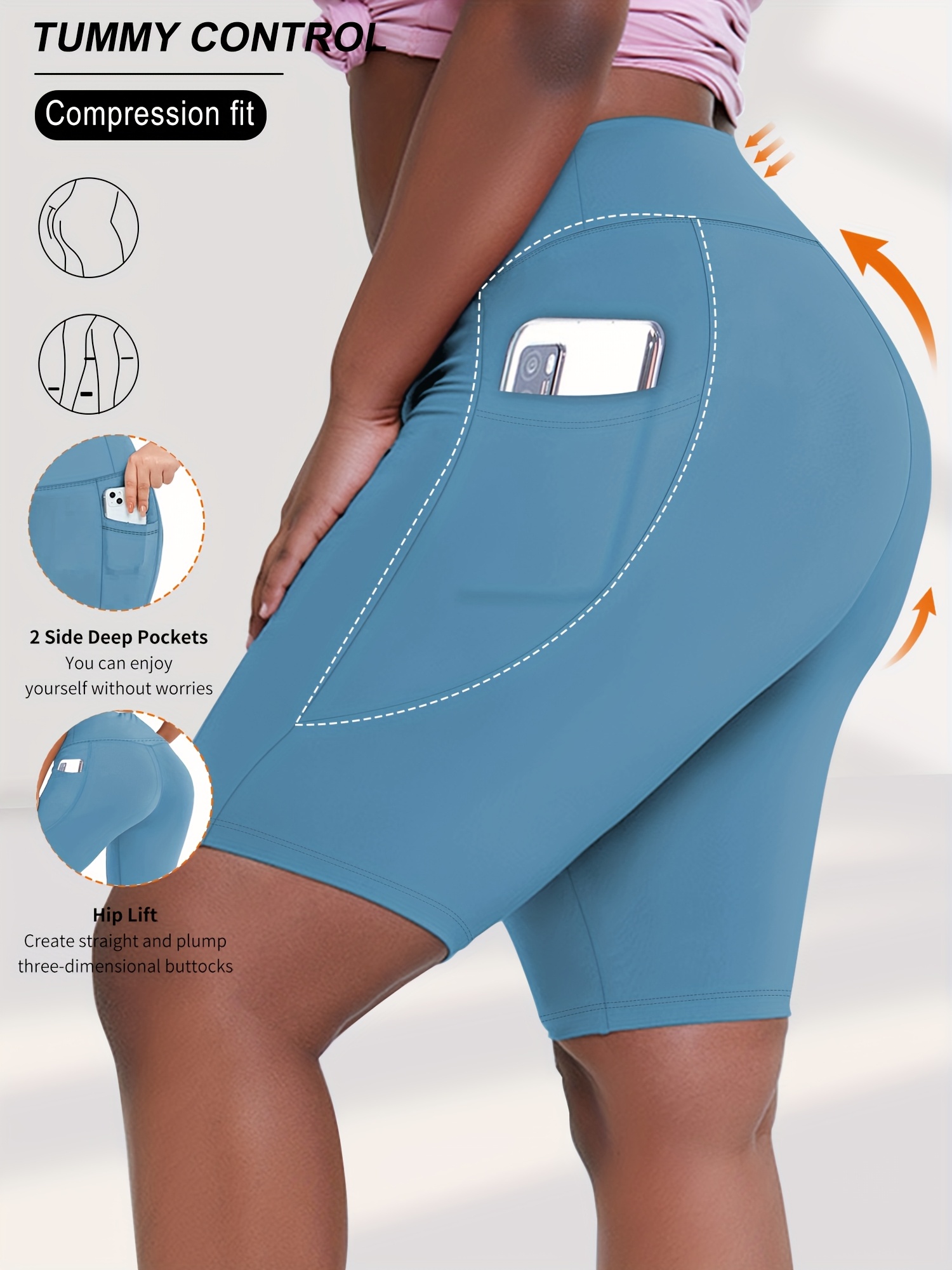 Plus Size - Women'S Plus Size High Waist Crescent Pocketed Shorts - Stretchy, Comfort Fit, Casual Summer Style with Plump Design, Breathable Fabric for Everyday Wear, Plus Size Shorts