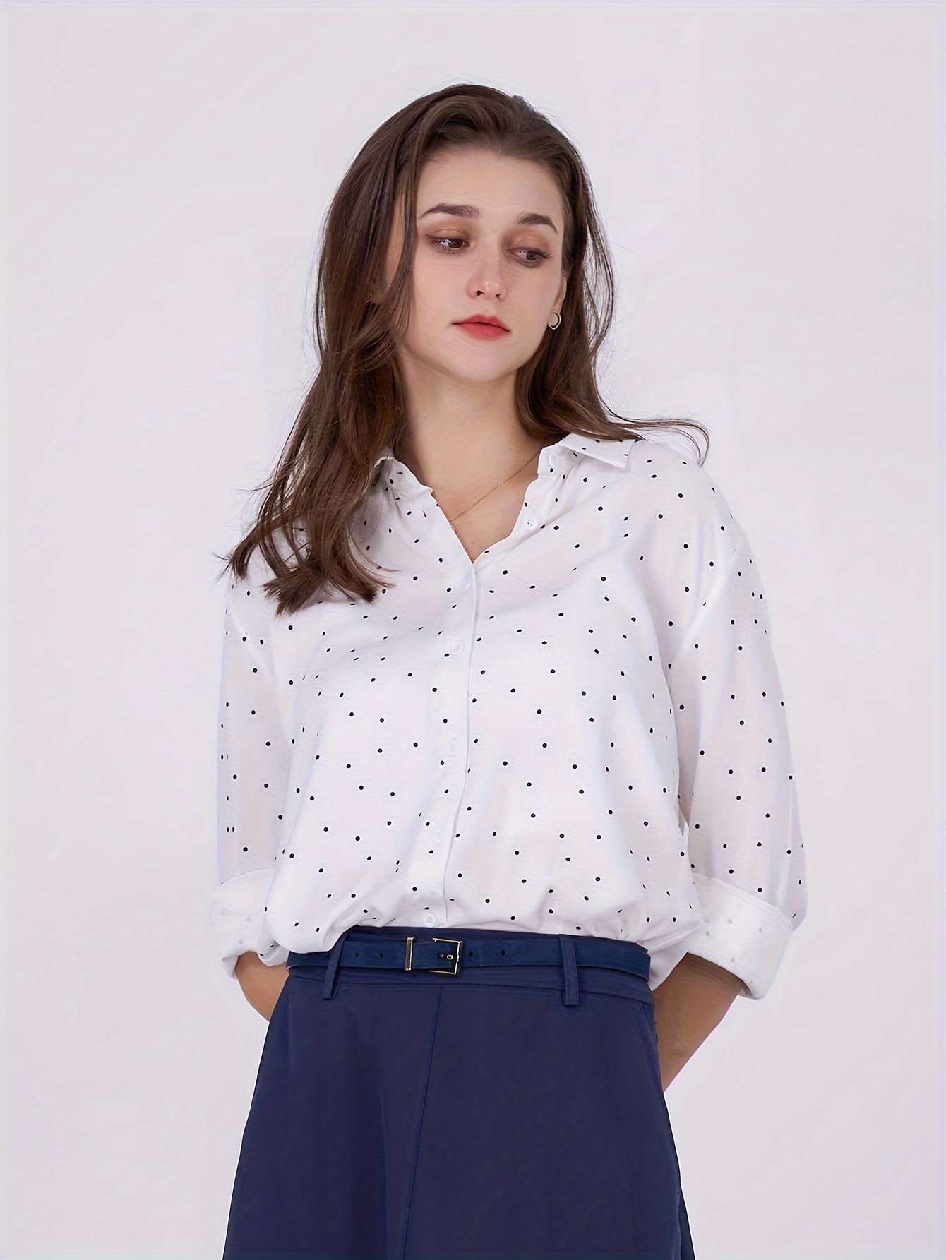 womens black white polka dot shirt autumn long sleeve loose - Temu Czech  Republic